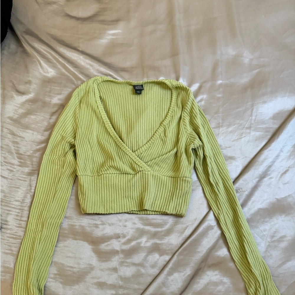 Wild Fable Ribbed Light Green V-Neck Crop Top